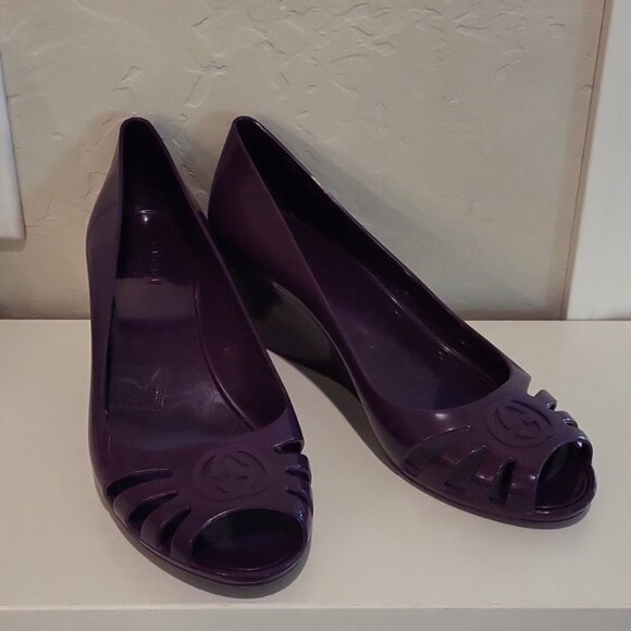 Gucci Interlocking G Logo Rubber Pumps Wedge Rubber Purple Open Toe Size 38 - Picture 2 of 14